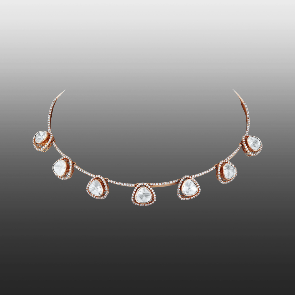 Rose Gold Polki Necklace with Brilliant-Cut Diamond Halo
